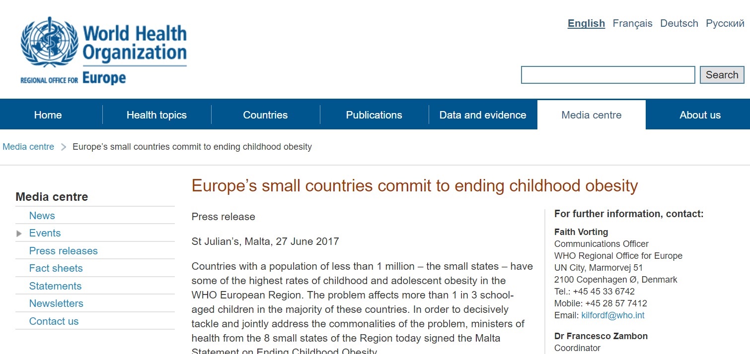 Europe’s small countries commit to ending childhood obesity